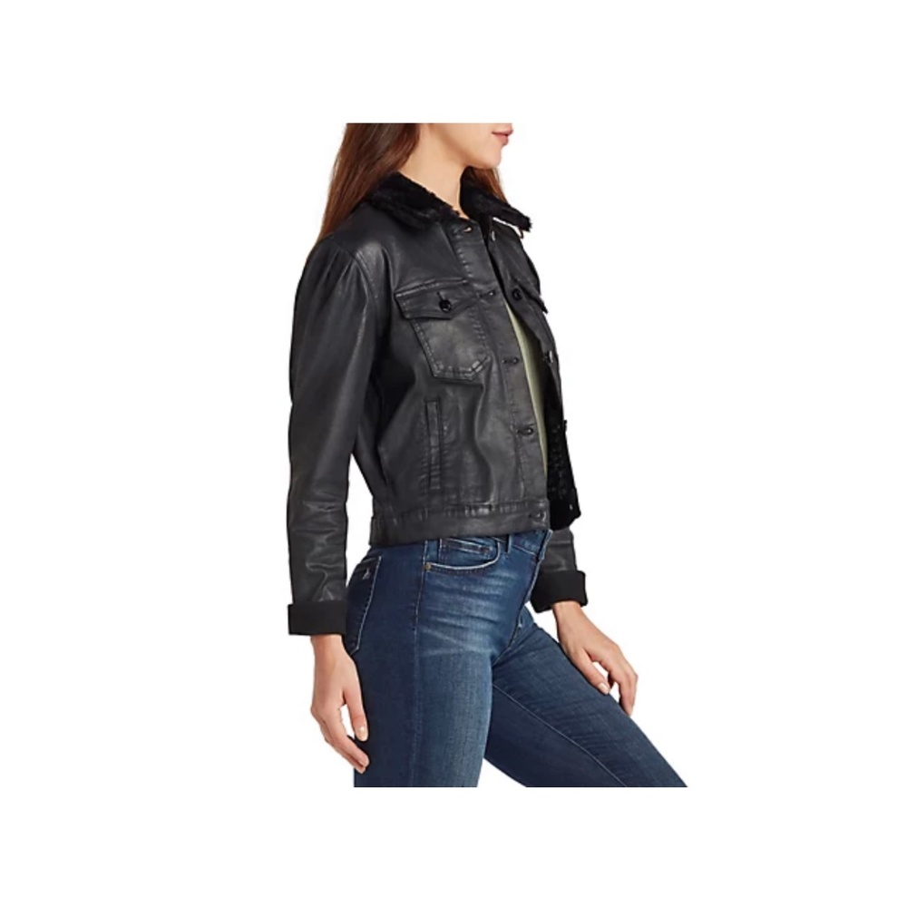 Sam Edelman Jazzi leather-like coated denim jacket with a plush faux-fur collar.